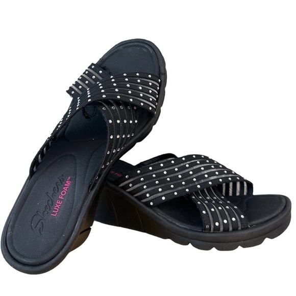 Skechers Women's Black Crystal Wedge Slide Sandals Relaxed Step Luxe Foam - Picture 1 of 7